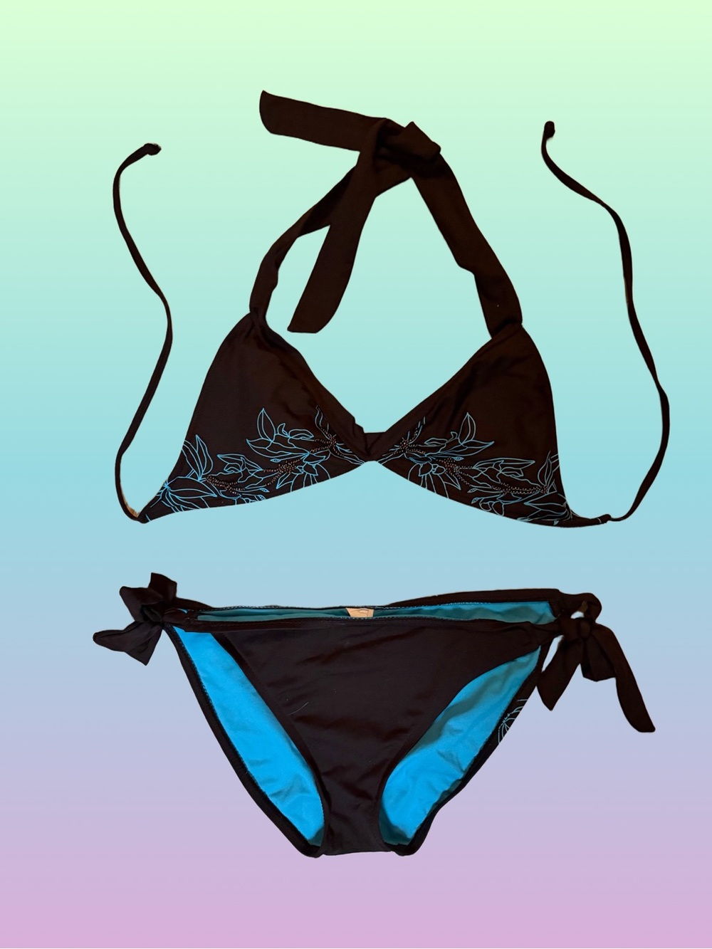Black & Aqua Floral Beaded Halter Bikini - M top and L bottom
